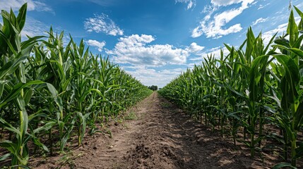 Naklejka premium Cornfield Rows with Dirt Path and Cloudy Blue Sky
