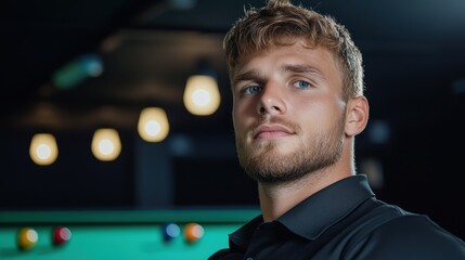 Young man showcases skill in American billiards at a lively club