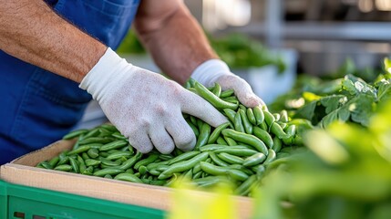 Senior man's hands skillfully peeling fresh beans in a sunlit garden