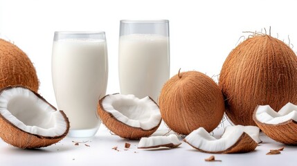 Natural coconuts with refreshing coconut milk on a white backdrop