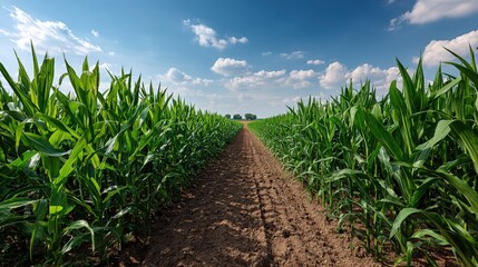 Fototapeta premium Cornfield with Dirt Path Under Blue Sky