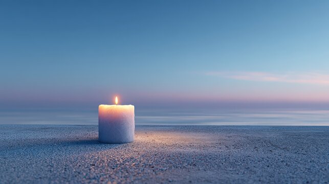 A single lit candle stands on a sandy beach at dusk, with calm sea and a pastel sky in the background.