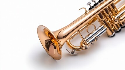 Obraz premium Shiny trumpet gleaming under bright light on a clean white backdrop