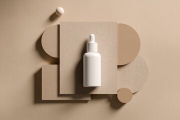 A minimalist product shot features a white dropper bottle on beige geometric shapes against a light beige background, cast with subtle shadows