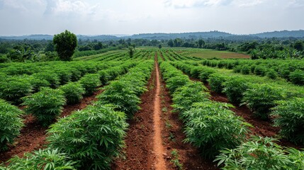 Obraz premium Cultivated Field with Rows of Green Plants and Red Soil