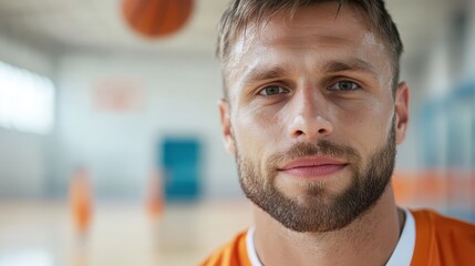 Dynamic portrait of a focused basketball player on the swirling court