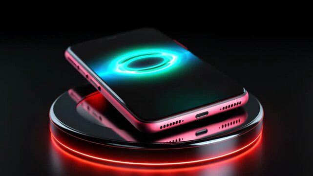 A high-tech mobile concept showcasing a sleek smartphone with a vibrant neon glow, positioned on a futuristic circular platform This realistic 3D mockup is isolated against a deep black 4K