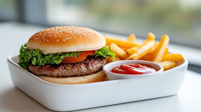 Juicy homemade hamburger with cheese, golden fries, and fresh toppings - Powered by Adobe