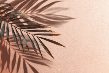 A palm frond's shadow and silhouette against a peach-colored backdrop.  The leaf is partially browned, casting a dramatic, elongated shadow