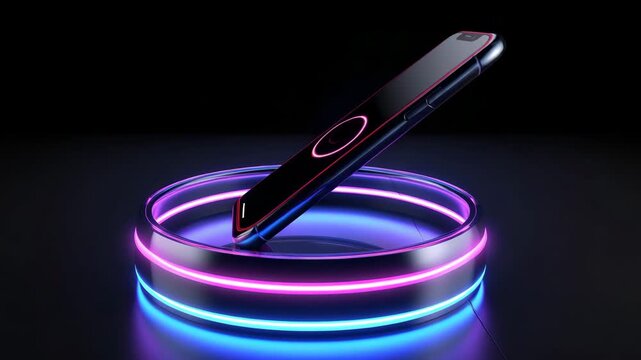 A high-tech mobile concept showcasing a sleek smartphone with a vibrant neon glow, positioned on a futuristic circular platform This realistic 3D mockup is isolated against a deep black 4K