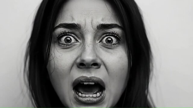 Closeup black and white portrait of a woman with wide startled eyes and an open mouth