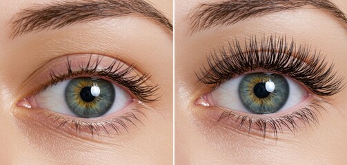 Woman's eye collage before and after eyelash extension or lamination treatment. Close-up, macro woman's eye with long and thick eyelashes for beauty salons, lash artists, cosmetics advertising