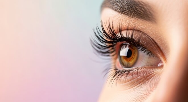 Extreme close-up macro beautiful woman's eye with perfectly applied, long and thick eyelashes for beauty salons, lash artists, cosmetics advertising, concepts related to vision. Banner with copy space