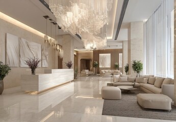 3D rendering of a modern luxury hotel lobby interior design with a reception desk, sofa, and chairs. The room is decorated in a beige color scheme. There is a carpet on the floor and a lighting chande