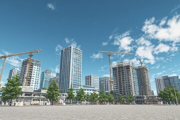 Fototapeta premium A modern city with tall buildings under construction, cranes, and heavy machinery in the background, a blue sky with white clouds, a large empty square near a high-rise building, and trees around the 