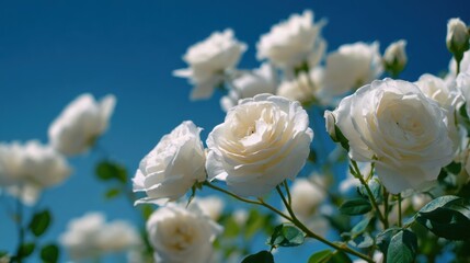 White roses in full bloom against a clear blue sky with natural sunlight.