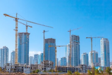 Fototapeta premium A modern city with tall buildings under construction, cranes, and concrete, set against a bright blue sky and daylight. This landscape photography captures the dynamic urban environment