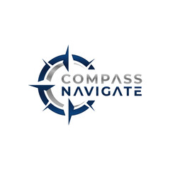 A strong logo for "Compass Navigate" featuring a modern, stylized compass rose in blue and gray, symbolizing guidance and direction. Editable Vector File