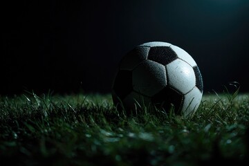 A slightly worn, classic black-and-white soccer ball rests on a dark, dewy grass field under a single, dramatic light source