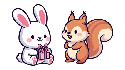 Fototapeta premium Cute Cartoon Bunny and Squirrel with Gift for Holiday or Celebration Illustration