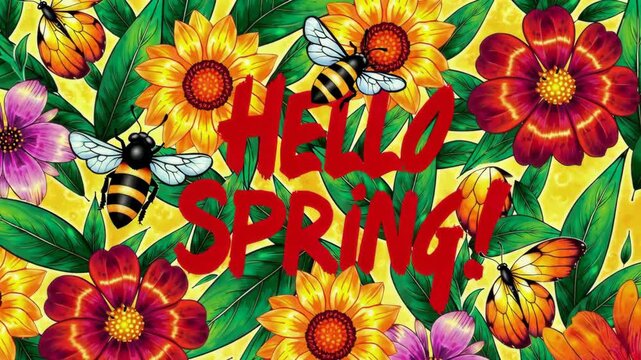 Vibrant spring blossoms with pollinators and cheerful greeting animation