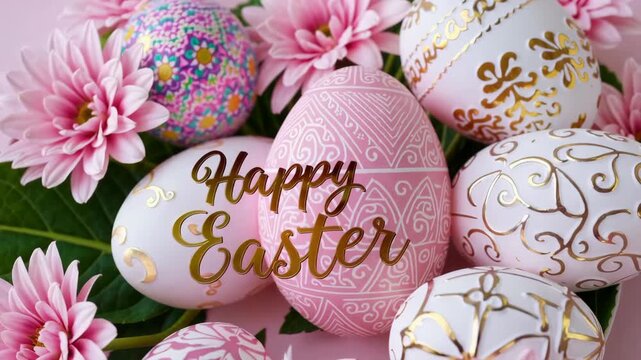 Festive easter egg arrangement with flowers and calligraphy art in vibrant spring colors