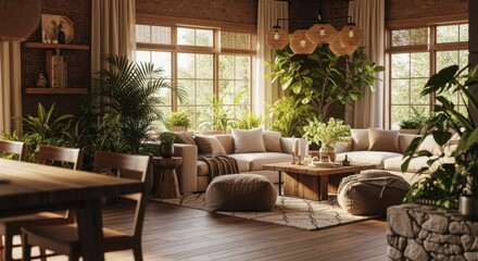 Fototapeta premium Sunlight streams into a modern living room filled with lush plants, creating a tranquil and inviting space with biophilic design elements, wooden furniture, and a cozy atmosphere