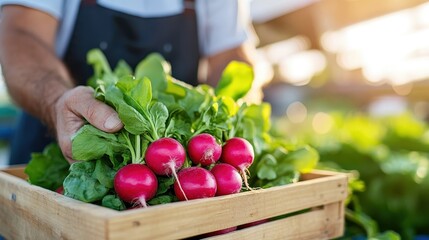 Senior farmer shares fresh radish harvest in sunlit farm setting