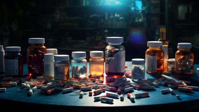  A high-quality image portraying prescription opioids carefully arranged on a reflective table, surrounded by numerous pill bottles&mdash;powerfully highlighting the profound and urgent themes of 4K