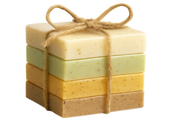 Colorful exfoliating soap bars bundled with rustic twine, presenting artisan crafted handmade skincare gift, floating against transparent backdrop