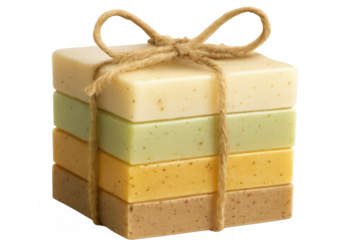 Colorful exfoliating soap bars bundled with rustic twine, presenting artisan crafted handmade skincare gift, floating against transparent backdrop