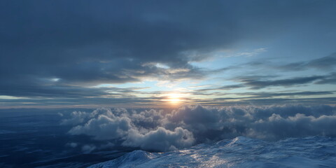 Panoramic 360 degrees hdr sunrise over clouds scenic landscape aerial view nature's beauty