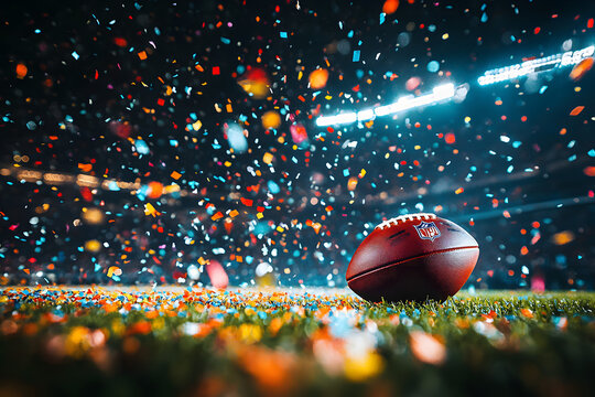 An American football on the green field of a stadium under bright lights, with colorful confetti falling down, marking a Super Bowl celebration