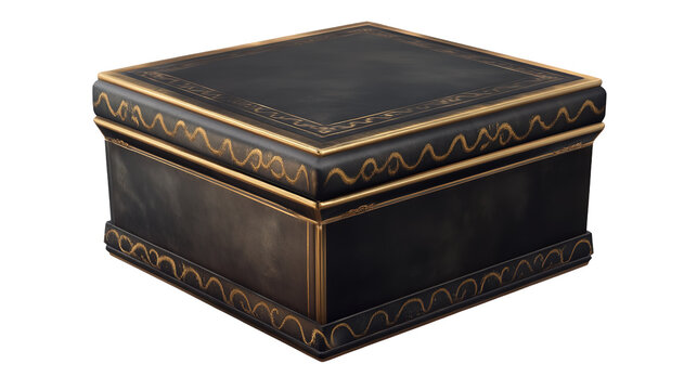 A sleek antique black box holds untold mysteries and cherished mementos lined with gold trim on transparent background