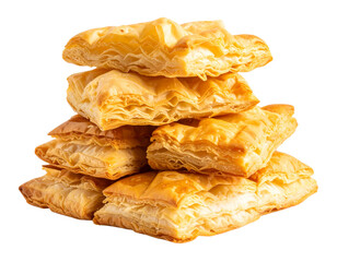 Angled Side View of Stacked Filo Pastry Puffs with Visible Flaky Layers, Isolated