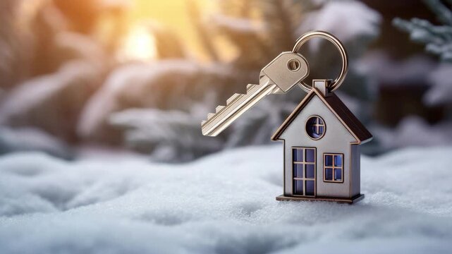 A key with a house-shaped keychain set against the backdrop of a modern country private house surrounded by a serene, snow-covered winter garden&mdash;visually illustrating the concepts of real 4 k