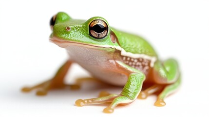 Fototapeta premium Green tree frog perched majestically on a pristine white background