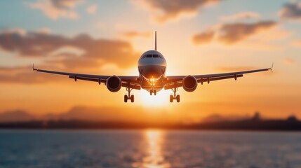 Airplane approaches Corfu island at sunset, ready for landing over the sea
