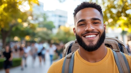 Handsome man enjoying sunny day in public park while taking cheerful selfie