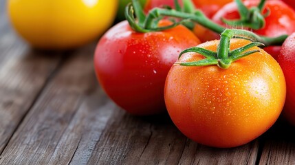Vibrant heirloom tomatoes resting on rustic wooden surface