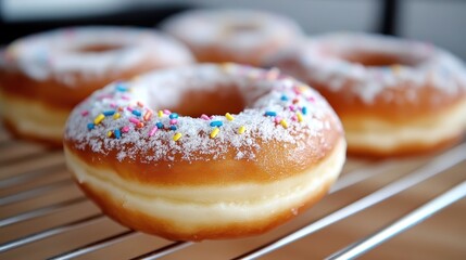 Delightful doughnuts covered in icing sugar and colorful sprinkles