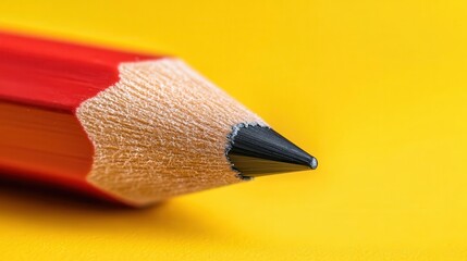 Close-up of a vibrant red carpenter pencil against a bright yellow backdrop