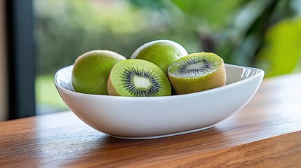 Freshly picked kiwis resting in a white bowl on rustic wooden table