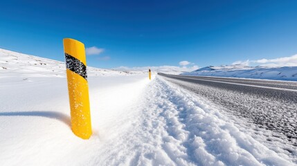 Snowy highway stretches under clear blue sky in winter Iceland