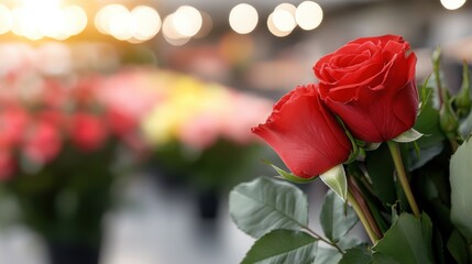 Vibrant red roses bloom under soft glowing lights in a floral haven