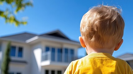 Small child explores new surroundings on moving day at family house