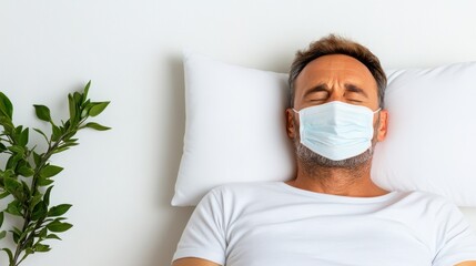 Man in pajamas rests comfortably in a mask on a pillow in bright setting