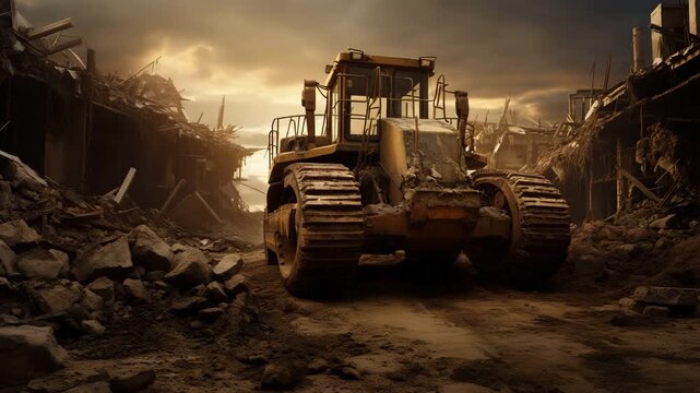  A large bulldozer situated at a construction site, surrounded by mounds of earth and construction materials The scene captures the rugged machinery in action, symbolizing progress, heavy 4K