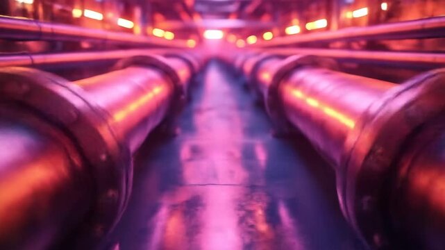 Industrial pipes glow with pink and orange light