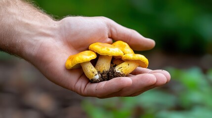 Holding fresh golden chanterelle mushrooms in a sunlit forest clearing